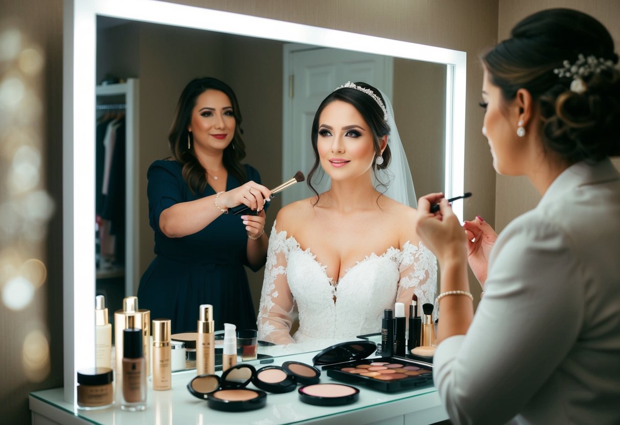 A bride sits at a vanity, surrounded by makeup products. A makeup artist demonstrates techniques as the bride watches attentively