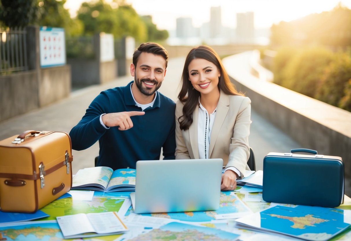 A couple sits at a table covered in travel brochures, maps, and a laptop, surrounded by suitcases and a calendar. They are smiling and pointing at various destinations