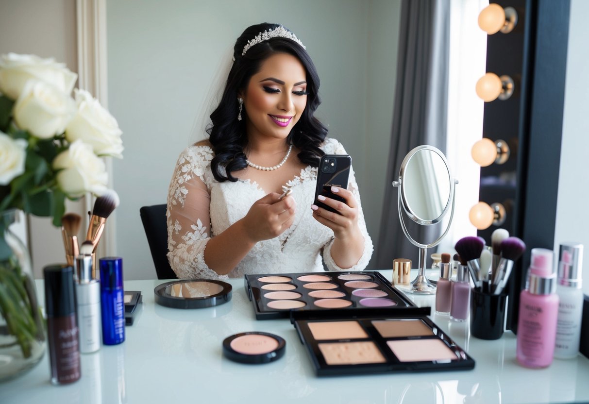 A bride sits at a vanity, surrounded by makeup products and brushes. She watches a tutorial on her phone while practicing techniques on a makeup palette
