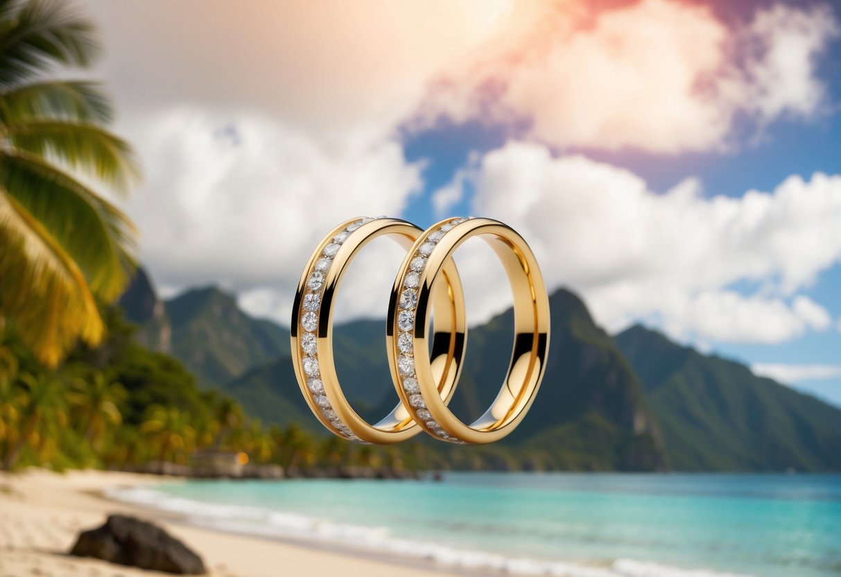 A pair of intertwined rings surrounded by tropical beach and mountain scenery
