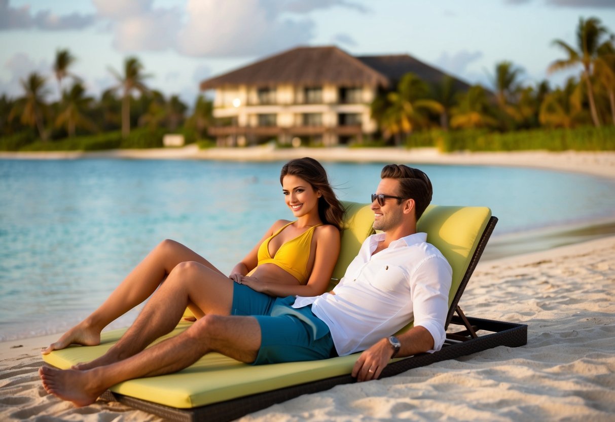 A couple lounging on a tropical beach with a luxurious resort in the background