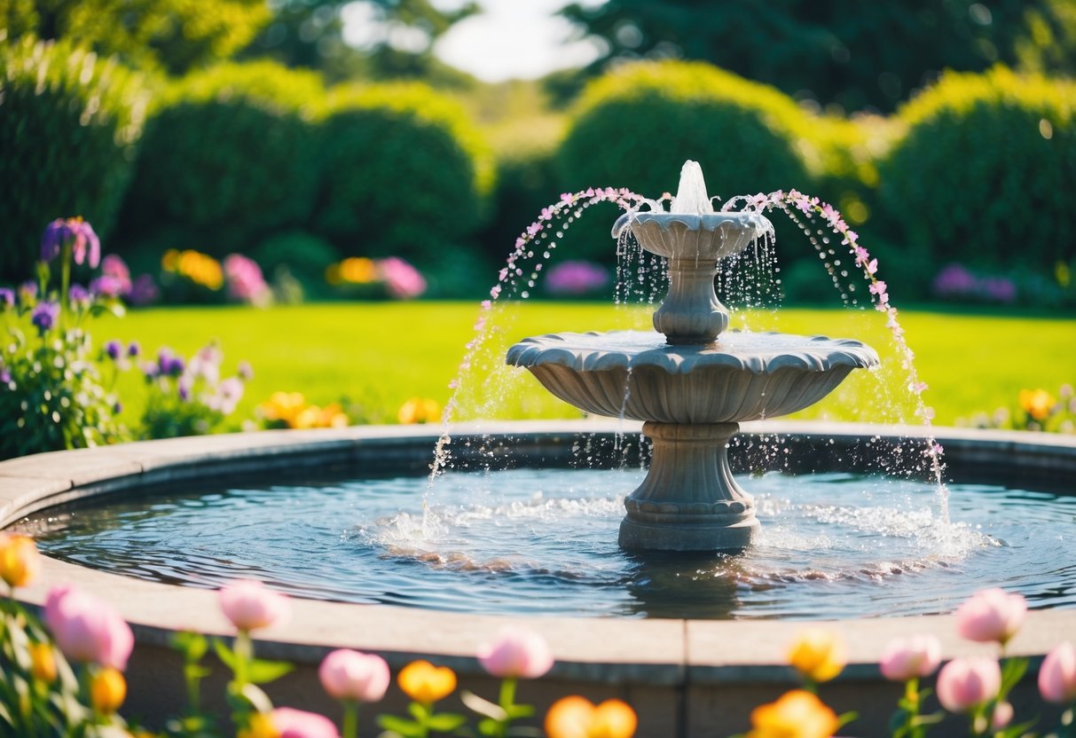 A serene garden with a gentle breeze, blooming flowers, and a soothing fountain