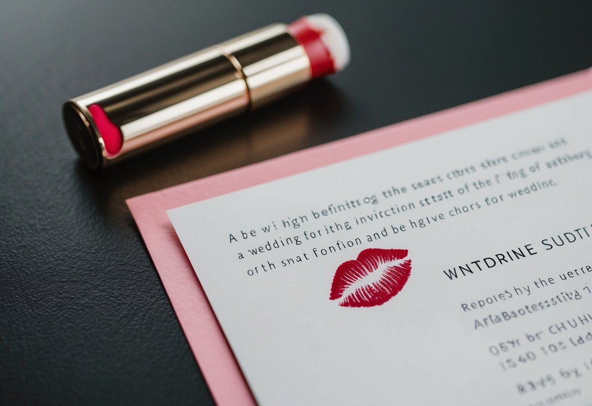 A wedding invitation with a lipstick smudge on the corner