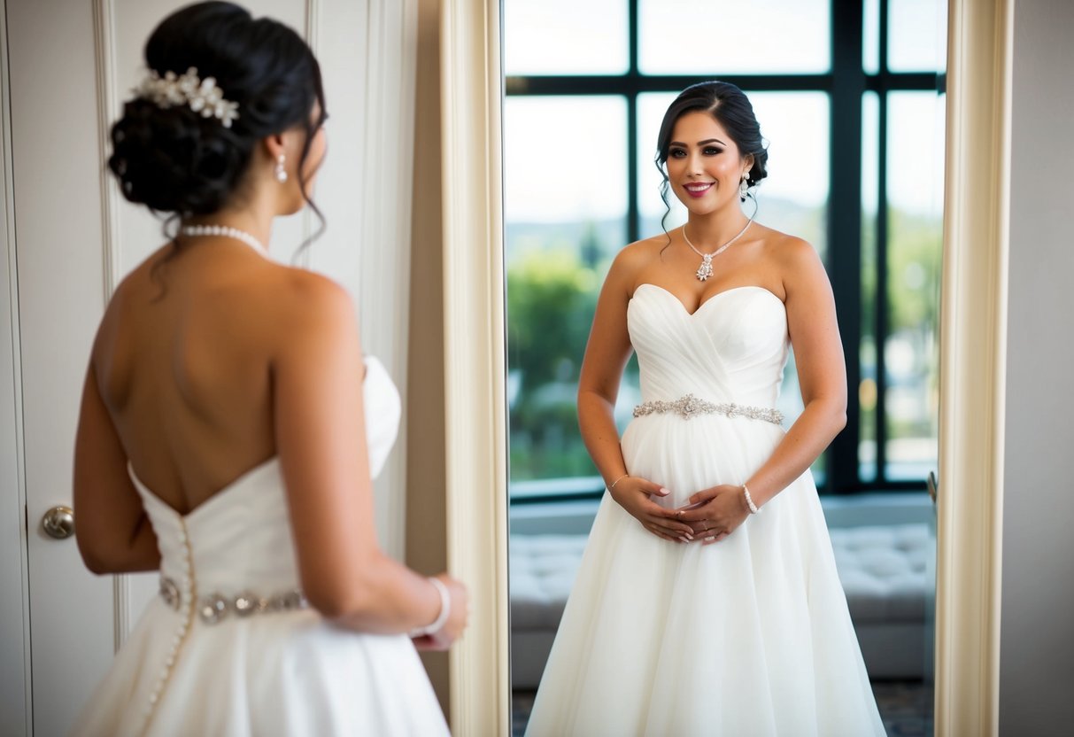 A bride standing in front of a full-length mirror, adjusting the fit of her wedding dress around her lower belly area