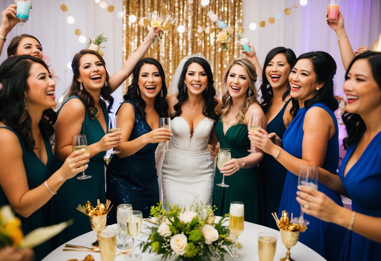 A group of women celebrating, with the bride at the center, surrounded by decorations, drinks, and party favors