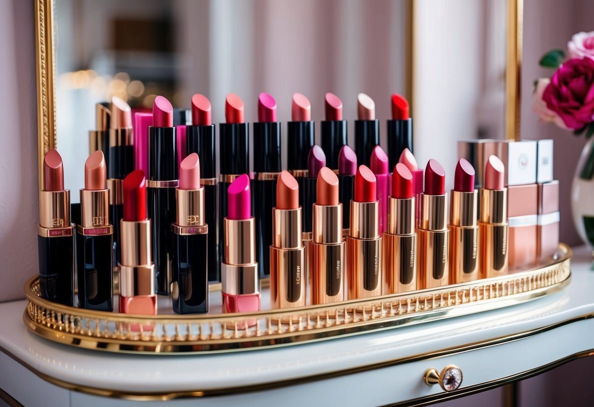 A glamorous array of lipstick shades and high-quality lip products displayed on a elegant vanity table, with a mirror reflecting the scene