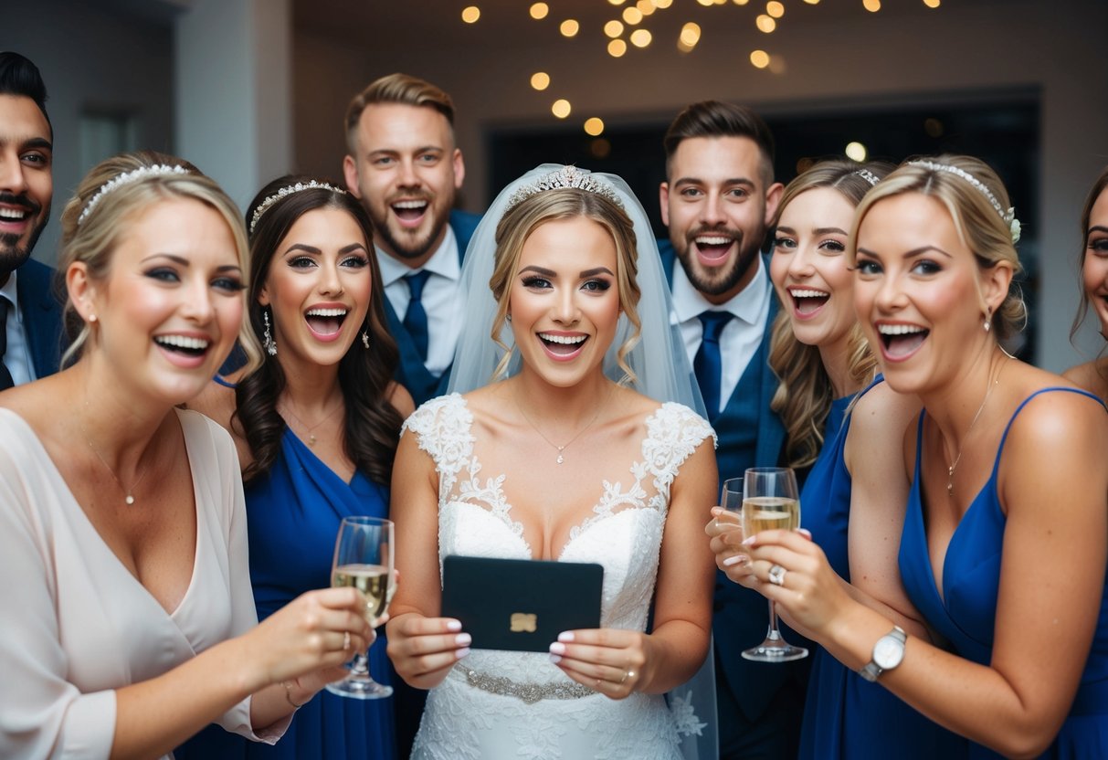 The bride happily covers the cost of her hen night activities, surrounded by her excited and supportive friends