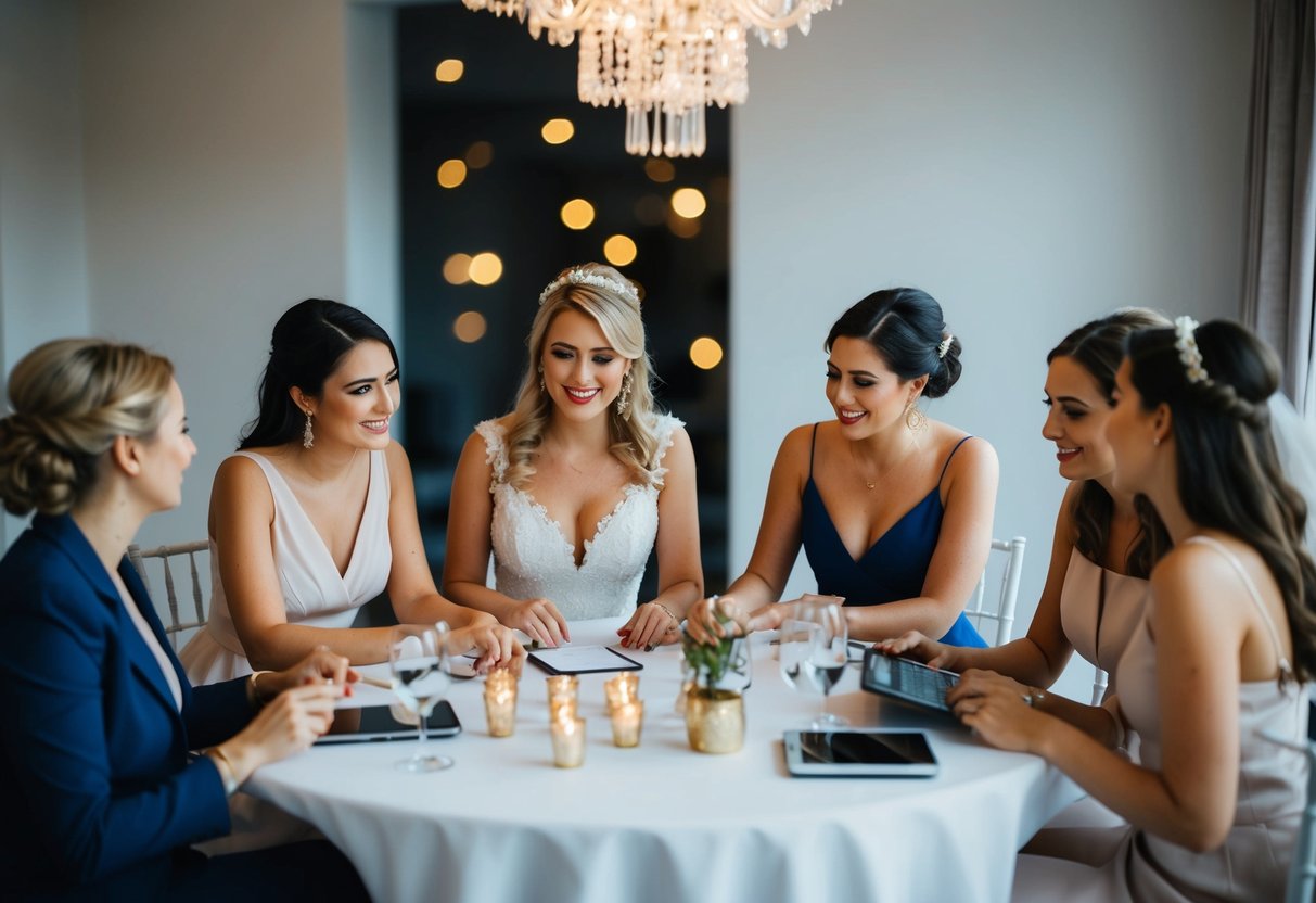 A bride and her friends gather around a table, discussing and calculating costs for the upcoming hens night celebration