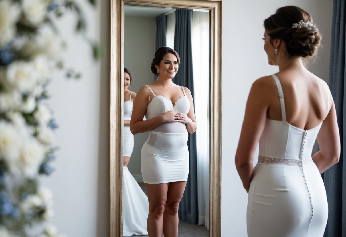 A bride standing in front of a mirror, wearing a wedding dress with supportive undergarments and shapewear to hide lower belly fat