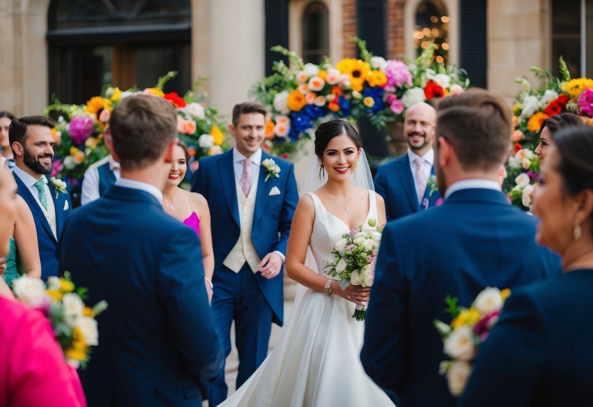 A wedding scene with guests in elegant attire, surrounded by vibrant flowers and decorations. Avoid dark or attention-grabbing colors like black, red, or neon