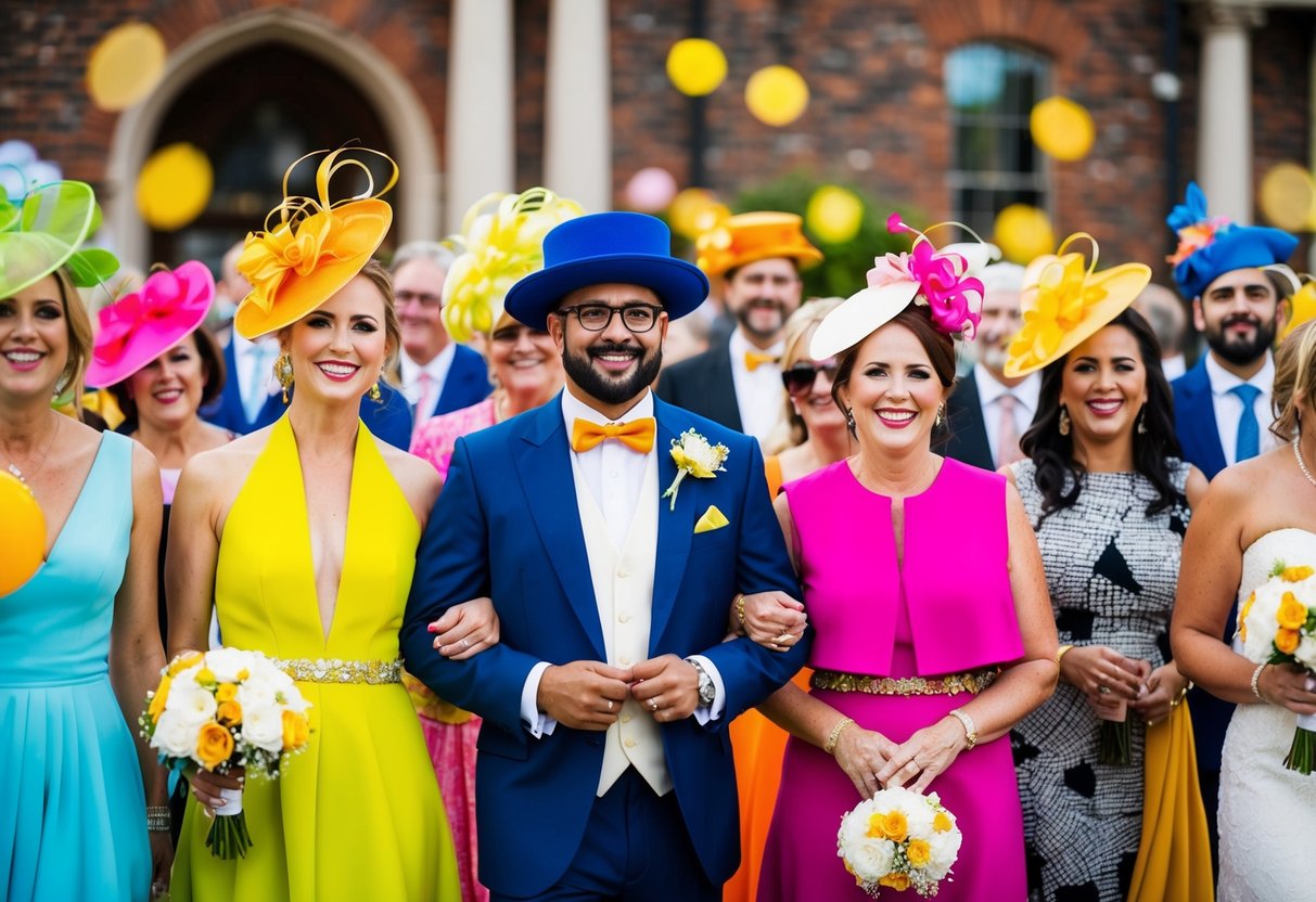 A wedding scene with guests wearing bright and bold colors in a variety of fabrics and textures, but avoiding black and white