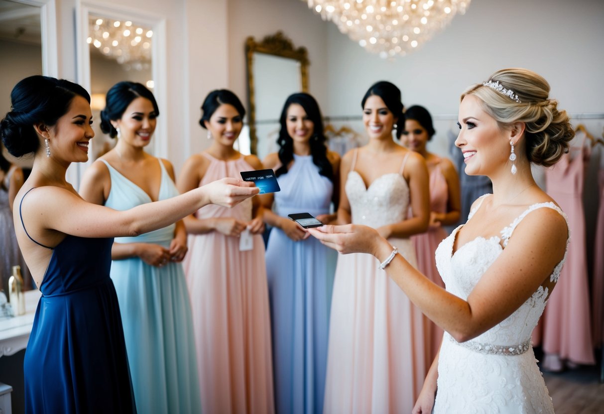 A bride holding out a credit card towards a group of bridesmaids trying on dresses in a boutique