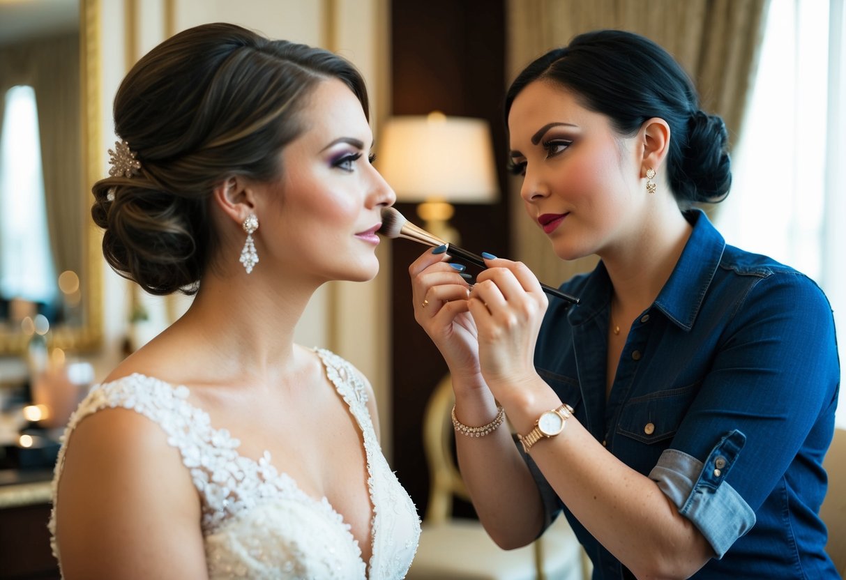A makeup artist carefully applies bridal makeup in a luxurious setting