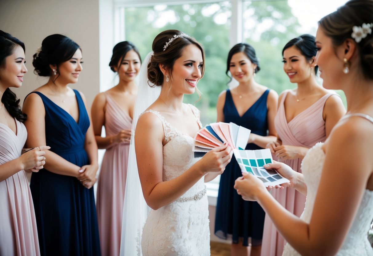 A bride holding a handful of swatches and dresses while her bridesmaids look on, discussing different styles and colors