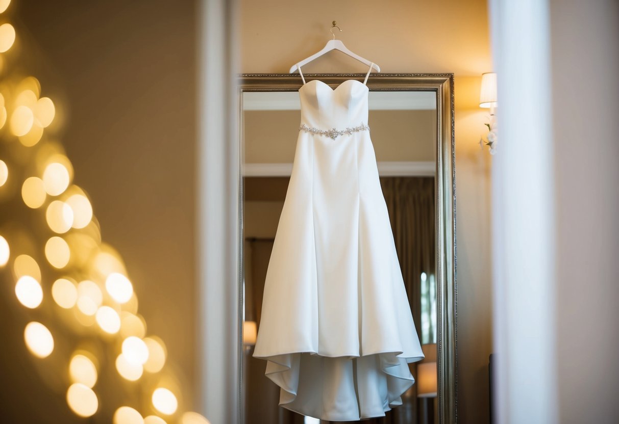 A wedding dress hanging on a slim mannequin, surrounded by soft, flattering lighting and a full-length mirror