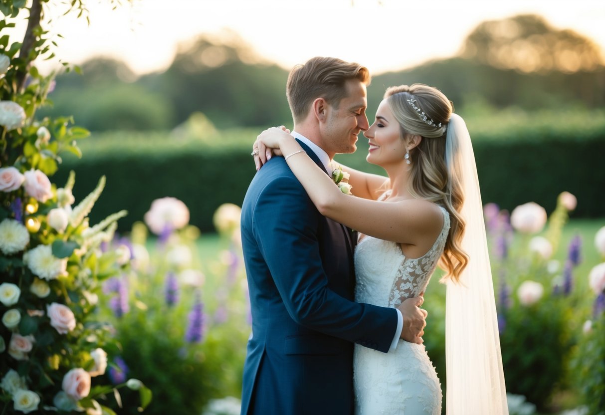 A bride and groom stand in a romantic embrace, surrounded by soft, glowing light and a beautiful backdrop of flowers and greenery