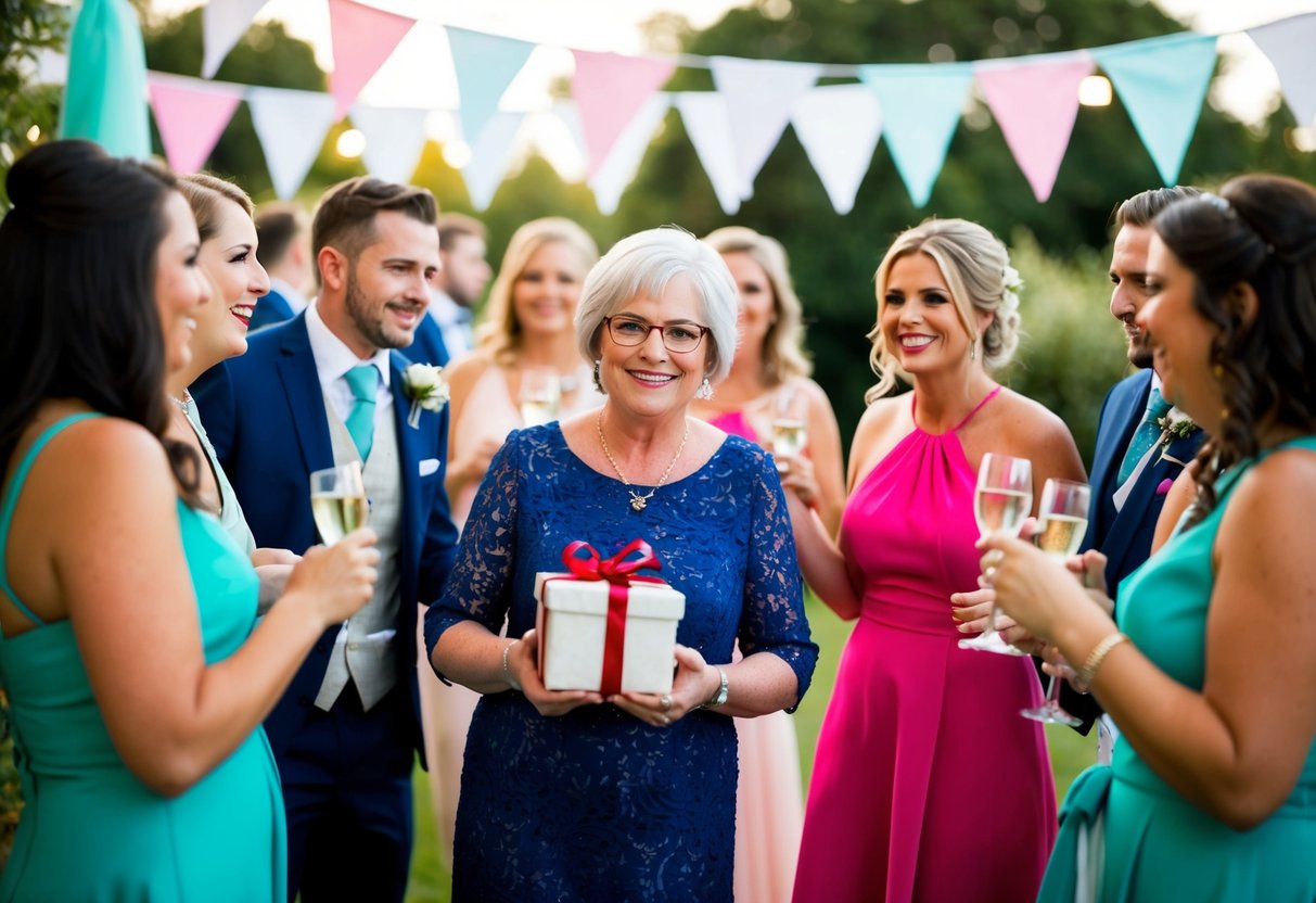 The groom's mother arrives at the hen party, bringing a gift and joining the group in celebrating the upcoming wedding