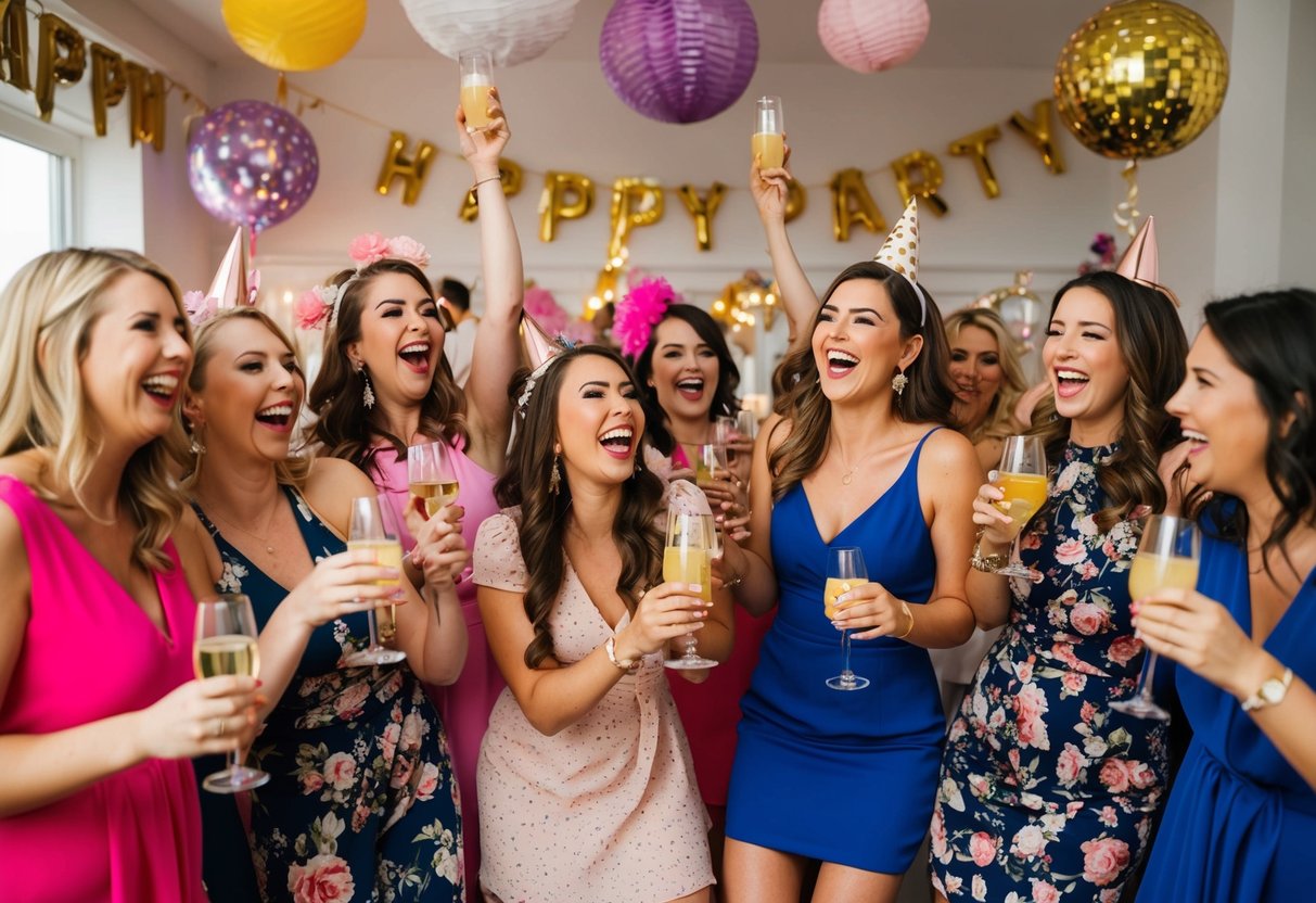 A group of women celebrating at a lively hen party, with decorations, drinks, and laughter filling the room