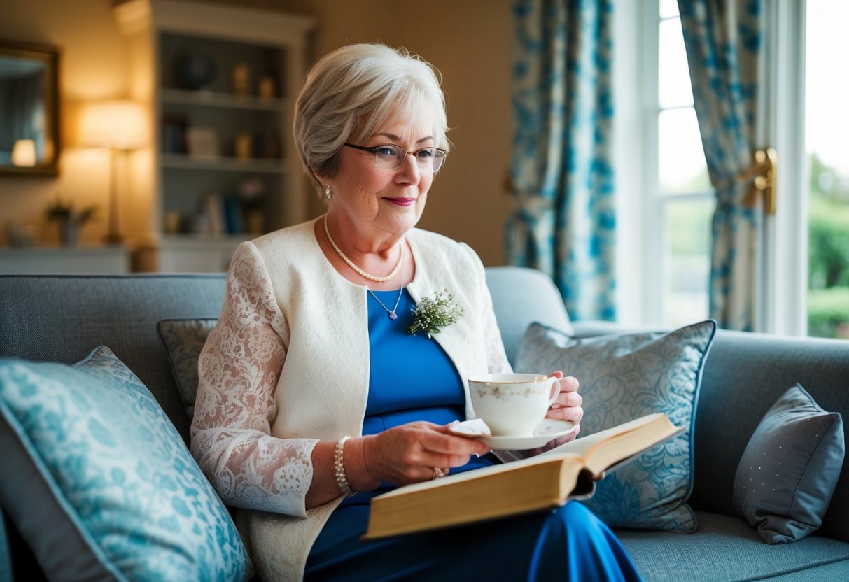 The groom's mother politely declines the invitation to the hen party and instead spends the evening at home, enjoying a cup of tea and reading a book