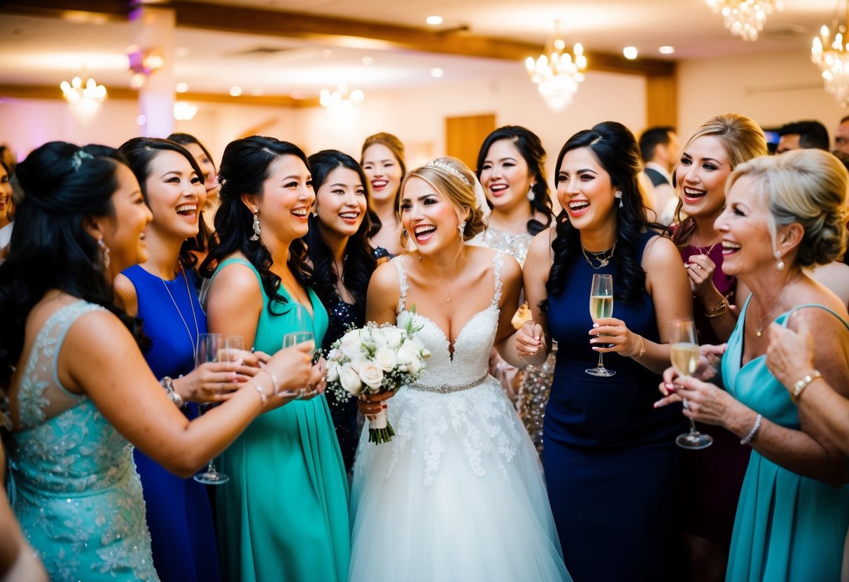 A group of women in festive attire gather at a lively venue, with laughter and chatter filling the air. The bride-to-be is surrounded by her closest friends, while the groom's mother stands at the edge, observing the celebration