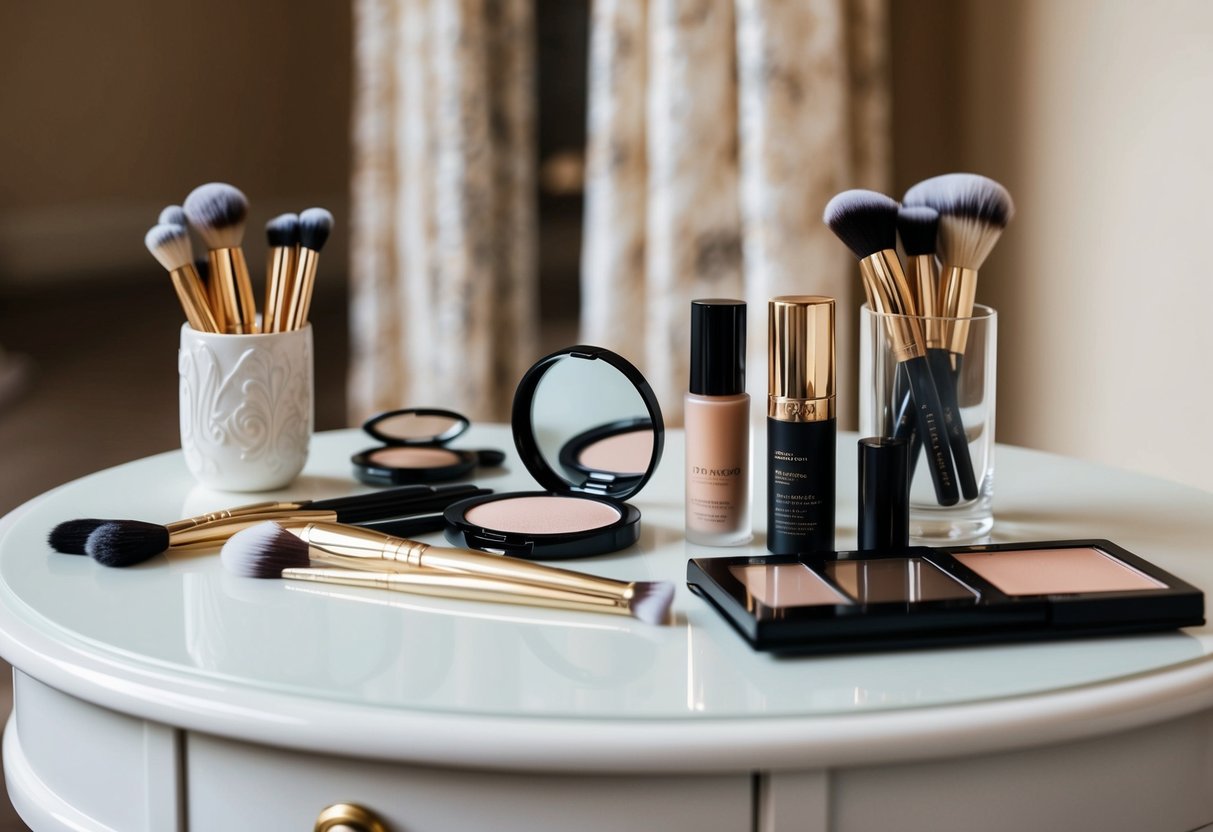 A bride's makeup table with elegant products and brushes, featuring a soft, natural color palette