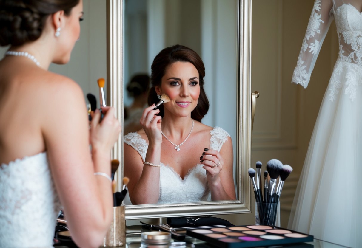 Kate Middleton applies makeup in front of a mirror, surrounded by brushes, palettes, and a wedding gown