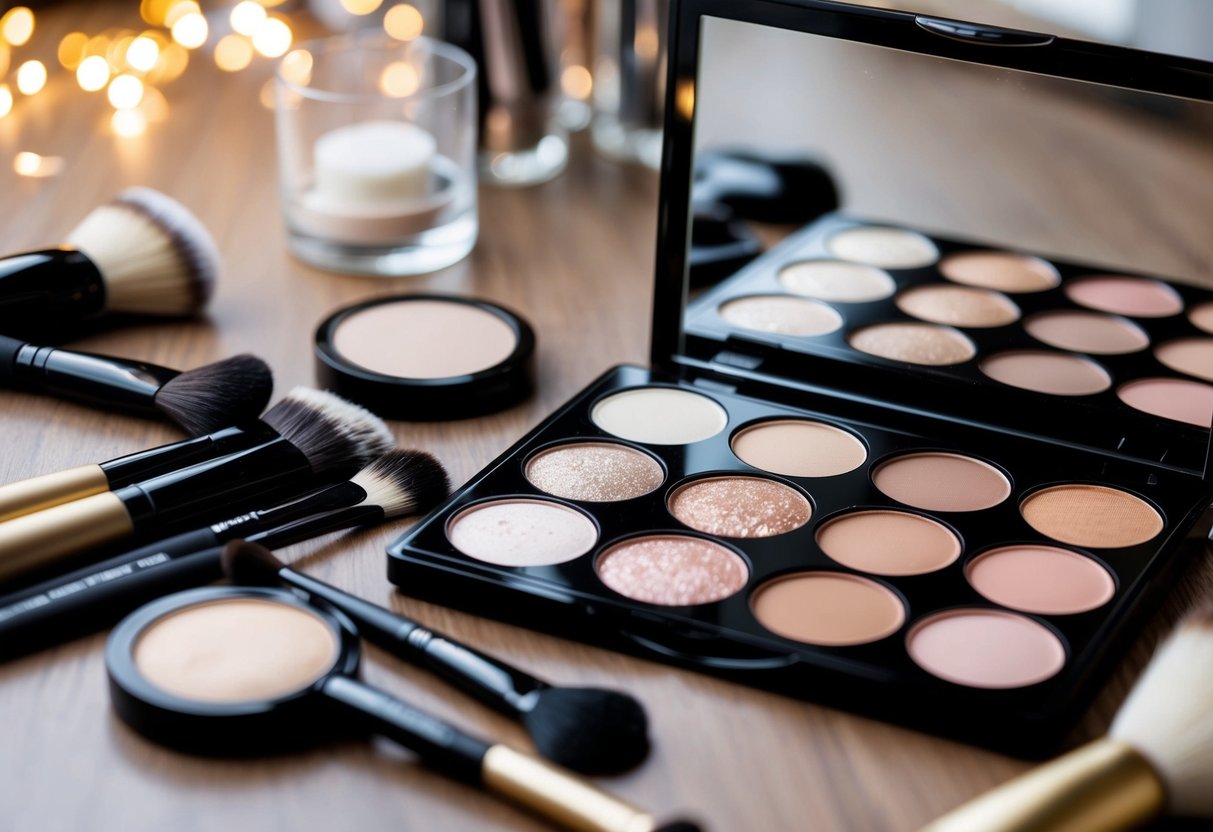 A close-up of a bridal makeup palette with neutral tones and a hint of shimmer, surrounded by brushes and tools