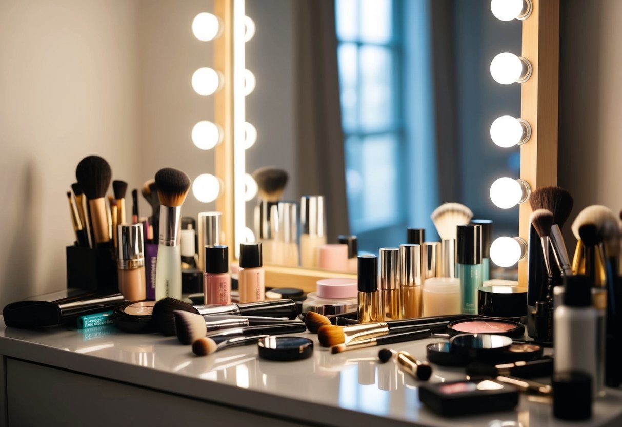 A cluttered makeup table with various cosmetics and brushes scattered around. A mirror reflects the soft glow of the room's lighting
