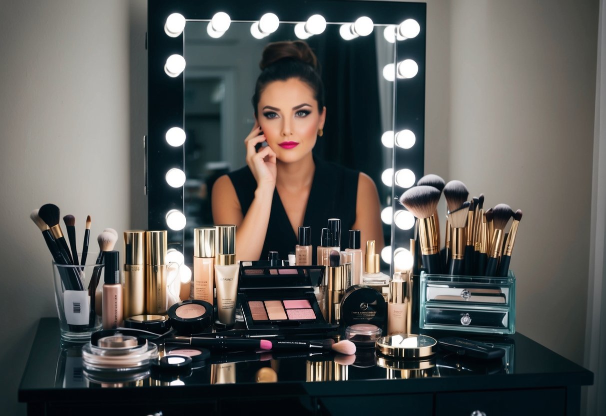 A cluttered vanity table with high-end makeup products and brushes, a mirror reflecting a determined expression