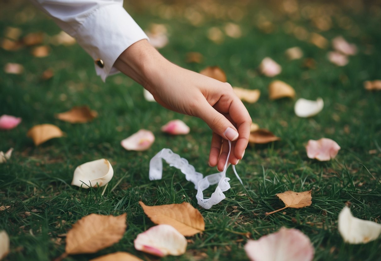 A hand reaches down to pick up the garter from the ground amidst scattered rose petals and fallen leaves