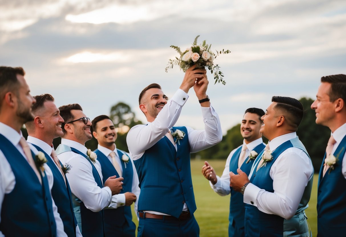 A groom tosses the garter to a group of eager male guests