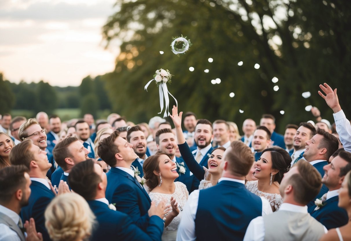 The garter is tossed into a crowd of eager guests, who eagerly reach out to catch the cherished keepsake