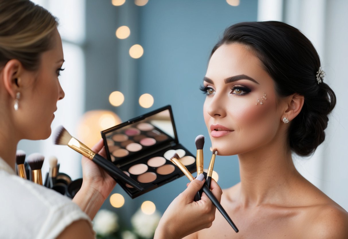 A makeup artist's hand holding brushes and palettes, creating a royal wedding look on a model's face