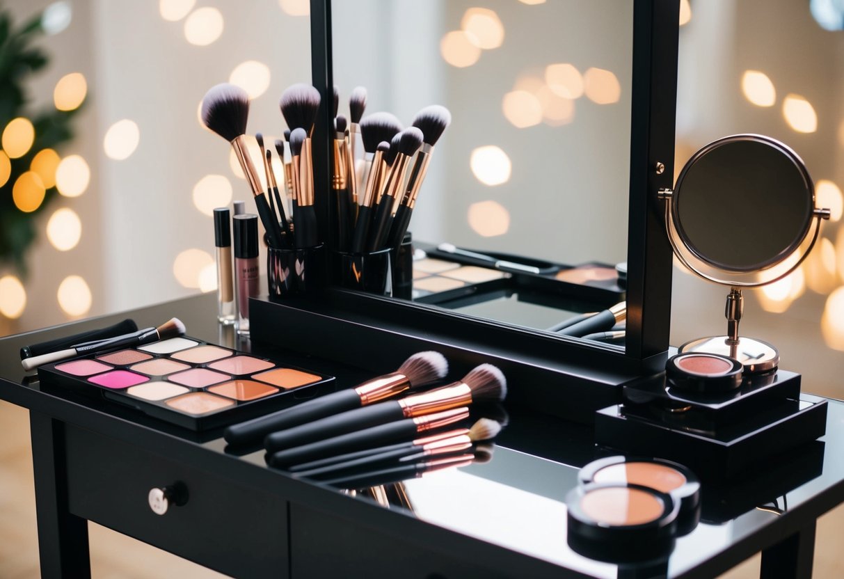 A makeup artist's table with brushes, palettes, and a mirror
