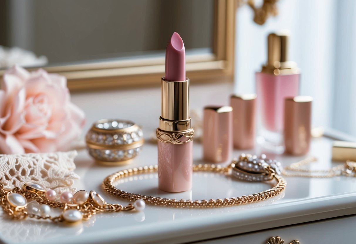 A tube of pale pink lipstick sits on a luxurious vanity, surrounded by elegant jewelry and a delicate lace handkerchief