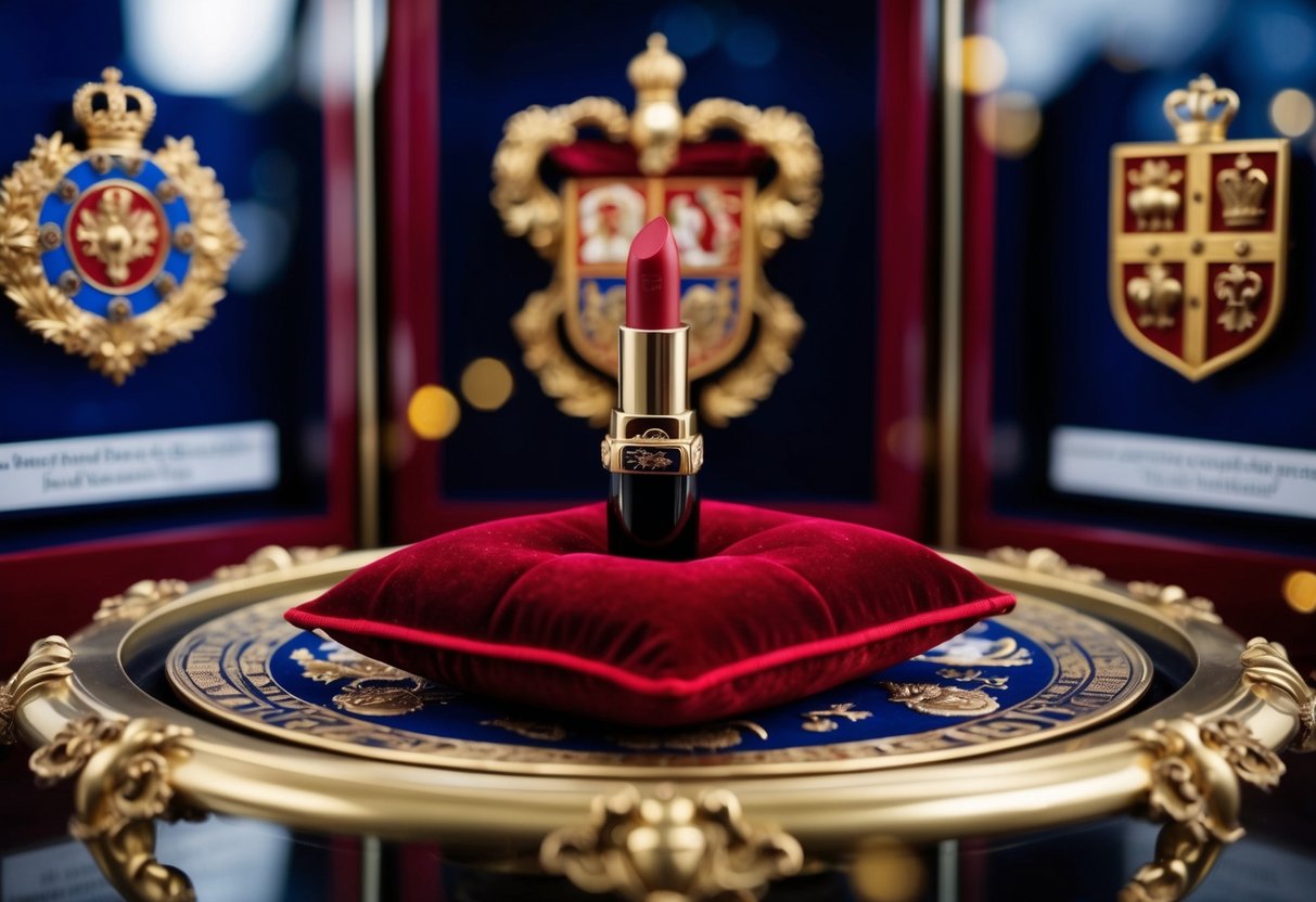 A regal lipstick sits on a velvet cushion, surrounded by a display of royal symbols and ornate decorations