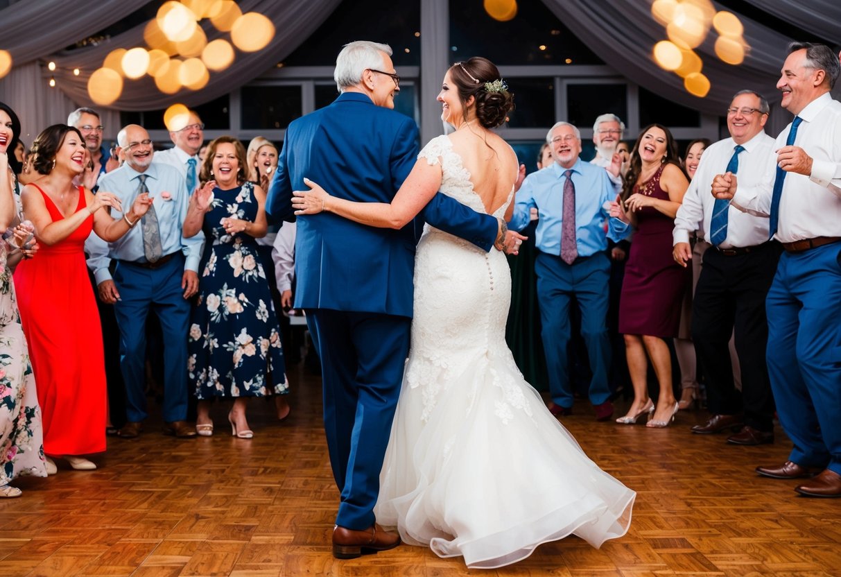 A bride and her father sway together on the dance floor, surrounded by joyful guests
