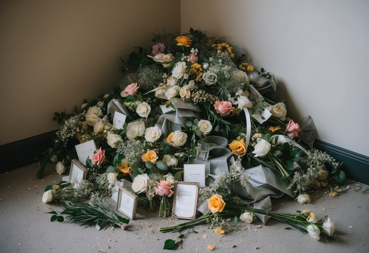 A pile of discarded wedding decorations and accessories, including expensive floral arrangements and unused table settings, sit in a corner gathering dust