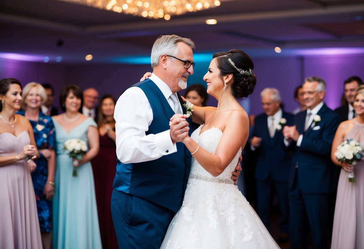 The bride and her father dance together at the wedding, surrounded by guests in formal attire