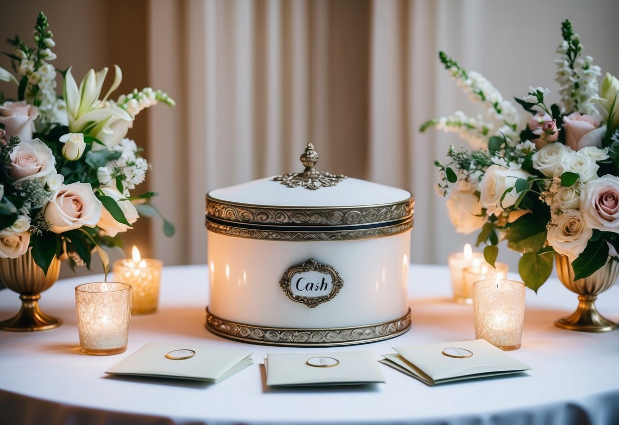 A wedding gift table with an ornate box for cash envelopes, surrounded by elegant floral arrangements and soft candlelight