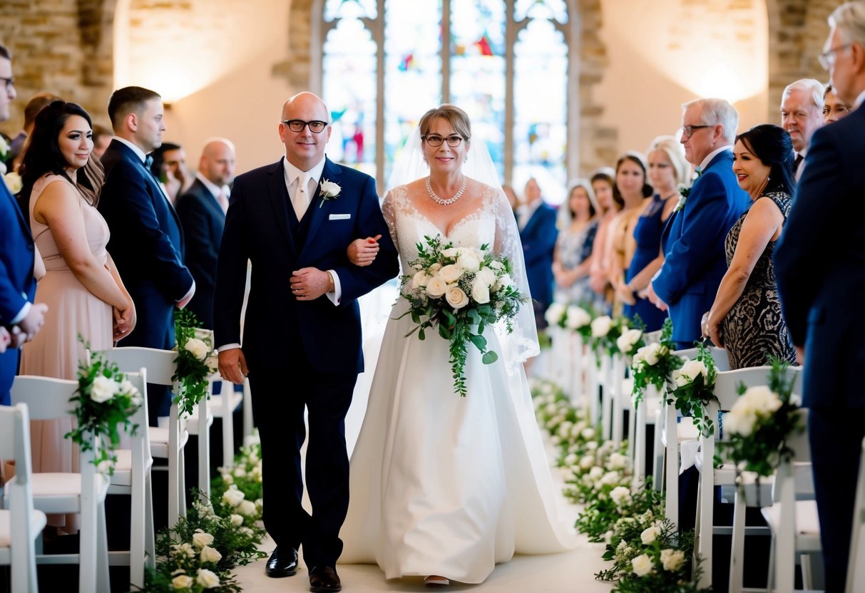A figure escorts the divorced mother of the bride down the aisle