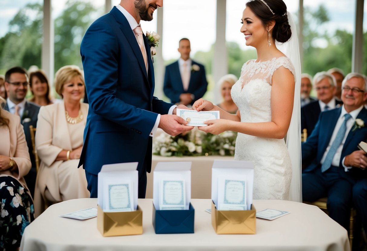 A bride and groom stand at a gift table, receiving monetary gifts in envelopes from wedding guests