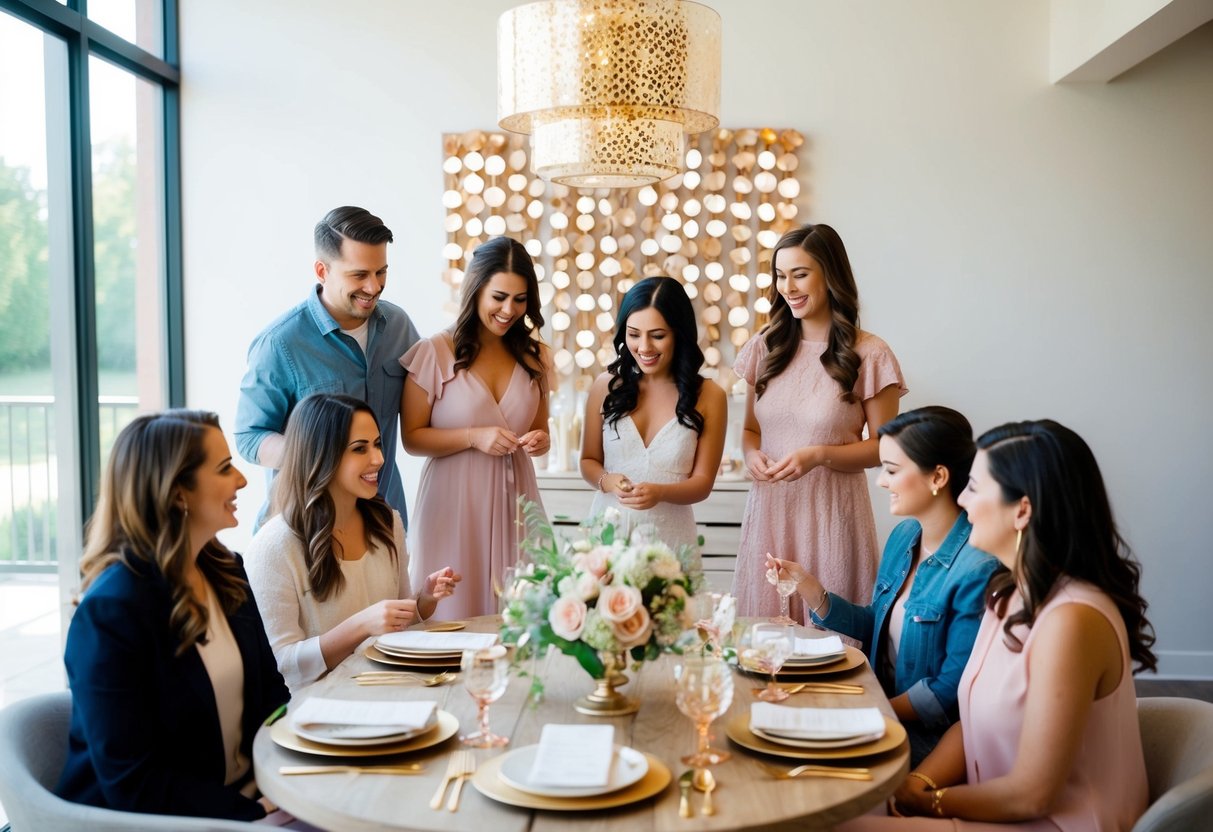 A group of friends gather to plan and decorate for a bridal shower