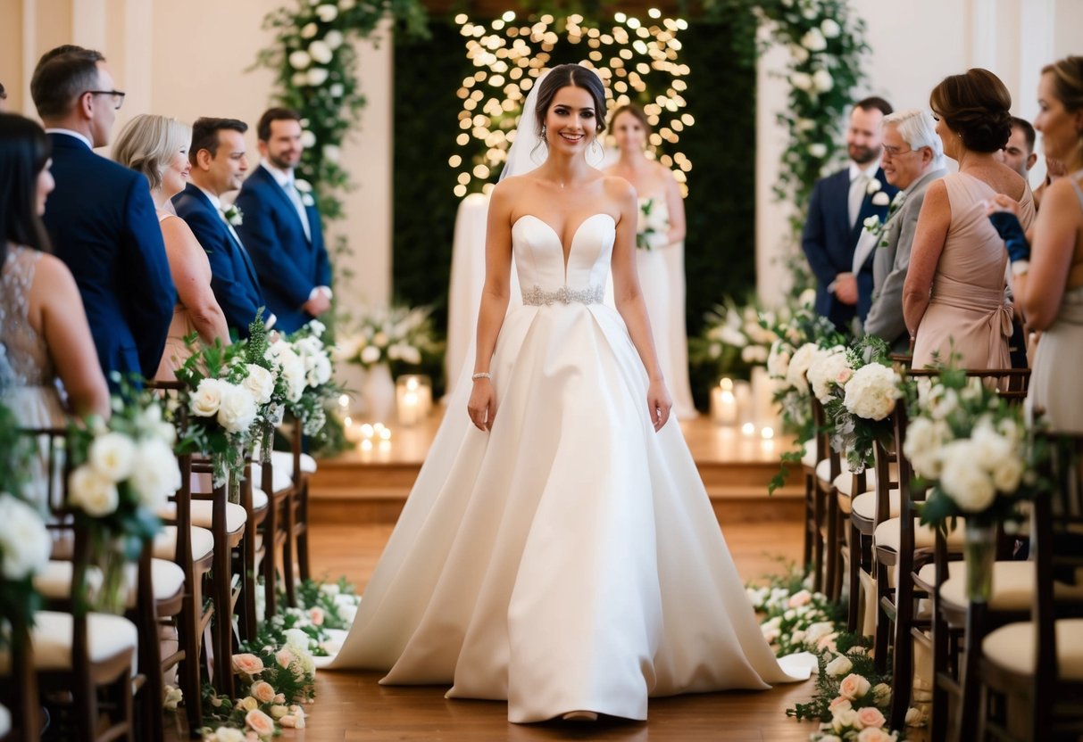 A woman in an elegant dress walks down the aisle, surrounded by flowers and soft lighting. She exudes grace and confidence as she makes her way to the altar