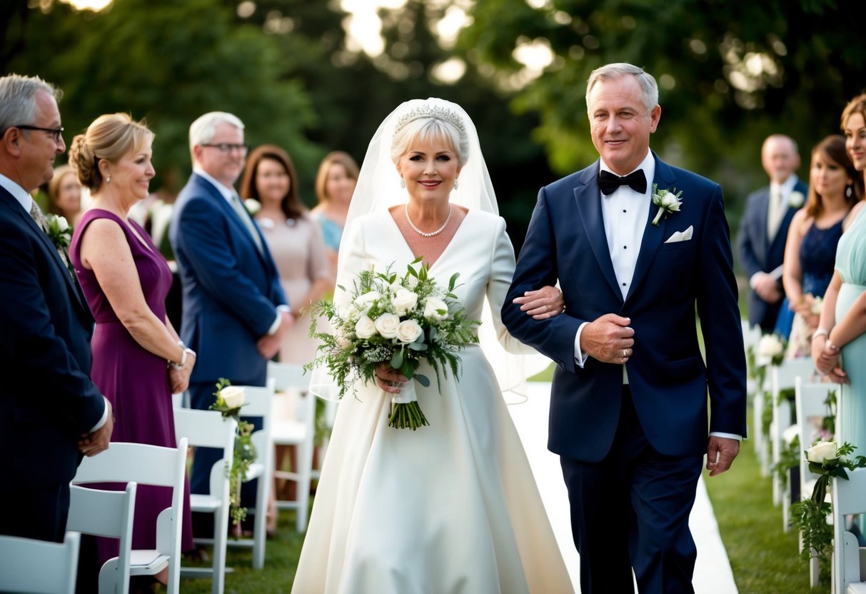 A figure in formal attire escorts the mother of the bride down the aisle, offering support and warmth