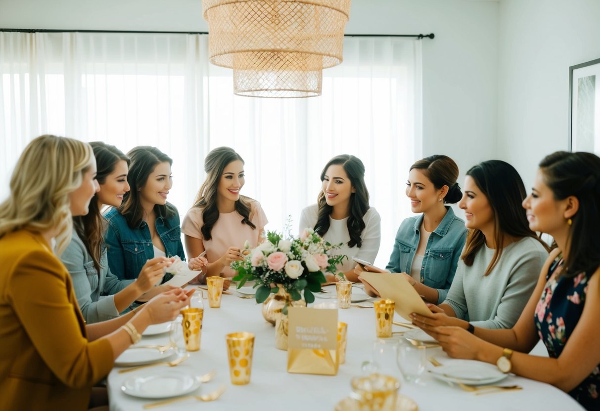 A group of friends gather to plan and organize a bridal shower, discussing various tasks and responsibilities