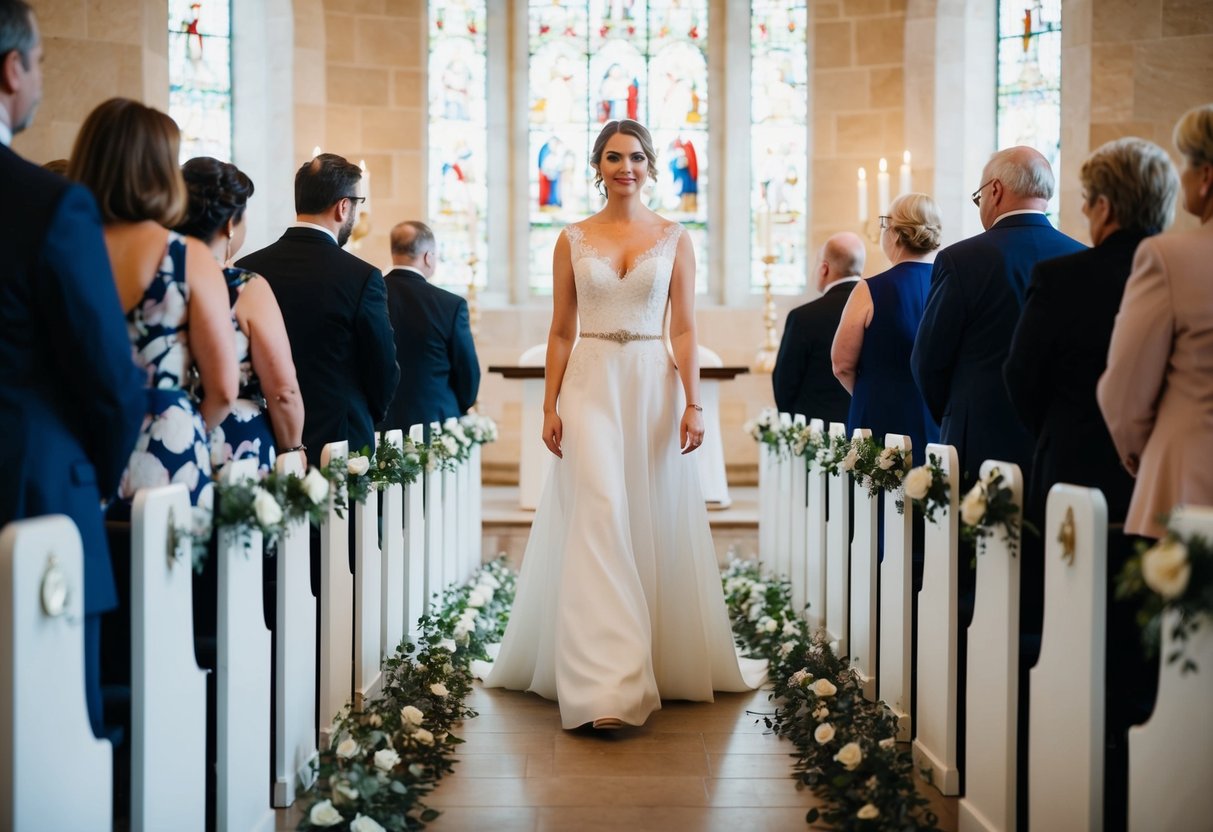 A woman stands alone at the start of the aisle, her gaze fixed ahead as she begins to walk towards the altar