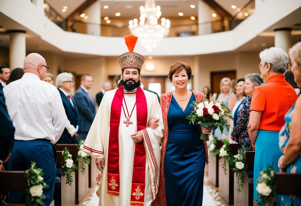 A figure from various traditions guiding the bride's mother down the aisle