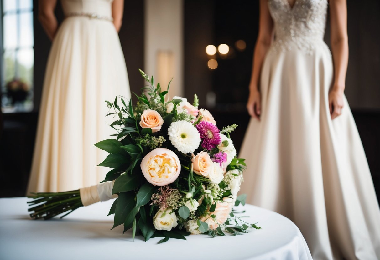 A bouquet of flowers rests on a table, while a figure in a flowing gown stands nearby, gazing at the bride