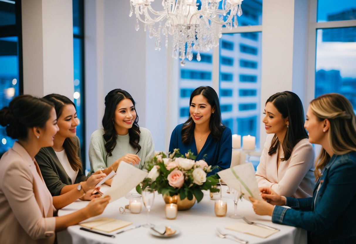 A group of friends gather around a table, discussing and planning the budget and expenses for a bridal shower